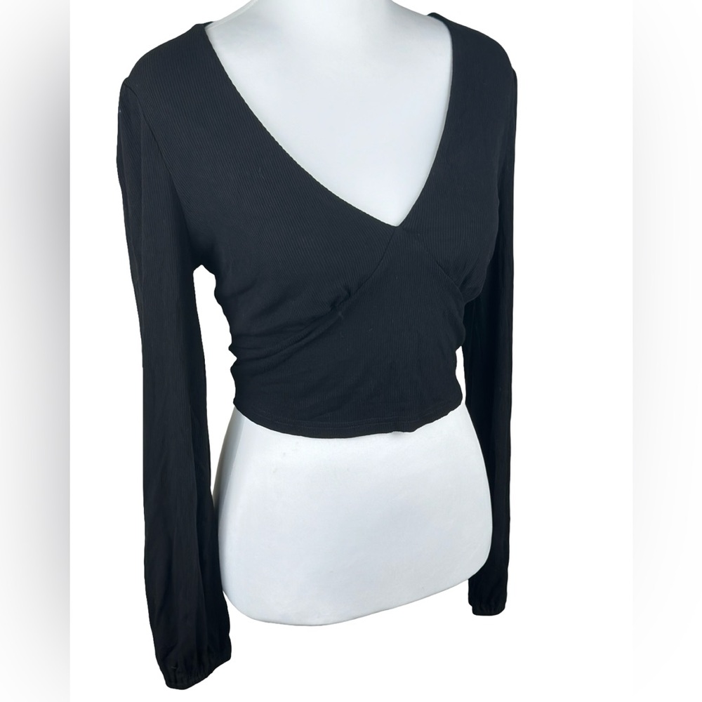 Mittoshop Classic Black V-Neck Ribbed Long Sleeve Soft Crop Top Size Medium